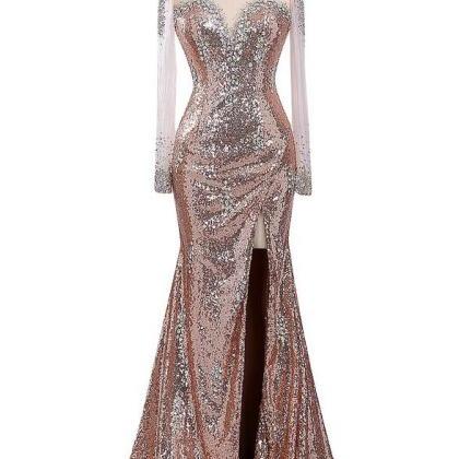 Mermaid Long Champagne Sequins Prom Dress Gown..