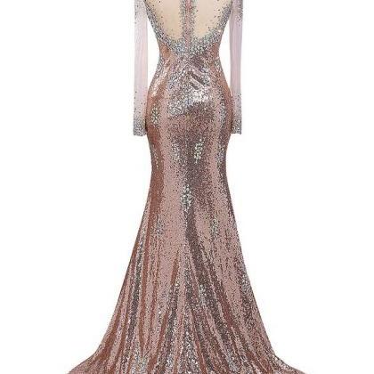 Mermaid Long Champagne Sequins Prom Dress Gown..