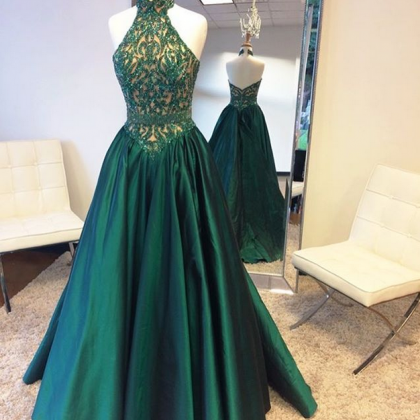 Beaded Halter Backless Prom Dress Gown Green Long..
