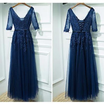 Navy Blue Tulle Lace Prom Dress With Half..