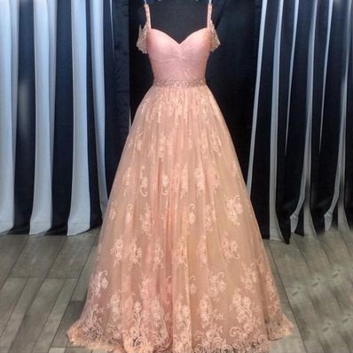 A Line Lace Prom Dresses Pink Off The Shoulder..