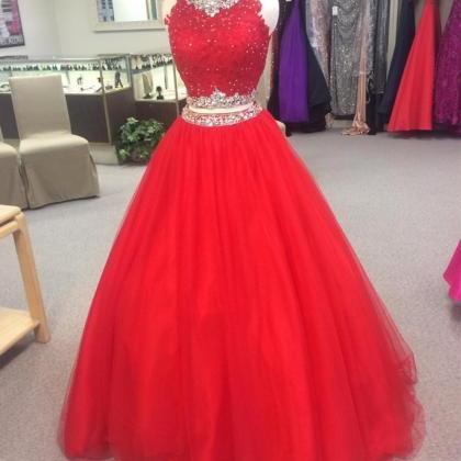 A Line 2 Two Piece Tulle Lace Prom Dresses Red..