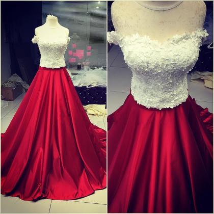 White And Dark Red Prom Dresses With Appliques..