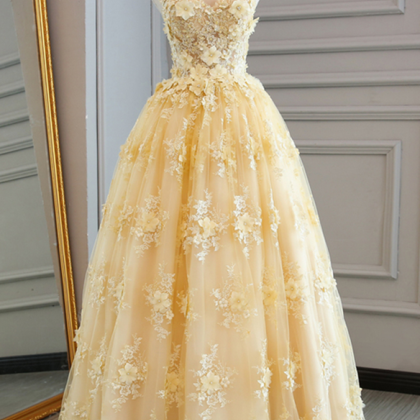 Yellow Prom Dress, Prom Dress Long, Lace Prom..