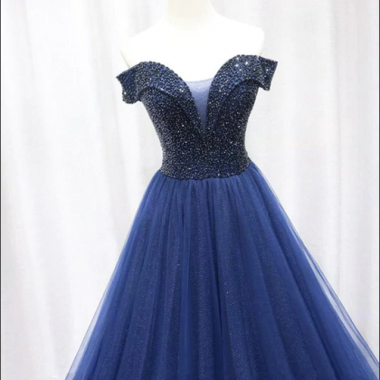 Navy Blue Prom Dress, Prom Dress Long, Tulle Prom..