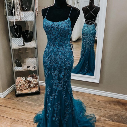 Women Teal Green Tulle Lace Mermaid Formal Evening..