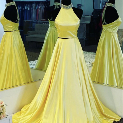A-line High Neck Two Piece Yellow Satin Prom Dress..
