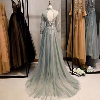 Women High Neck Silver Tulle Prom Dress With Long..