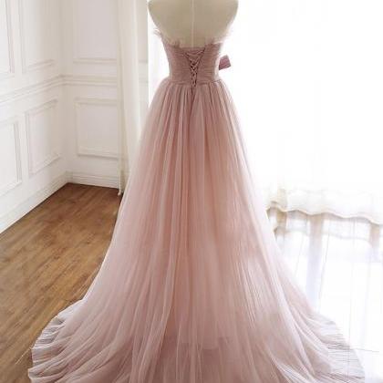 Women A-line Strapless Blush Pink Tulle Prom Dress..