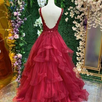 Women A-line Princess Burgundy Prom Dress Backless..