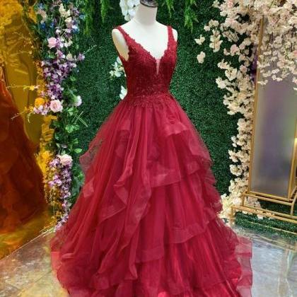 Women A-line Princess Burgundy Prom Dress Backless..