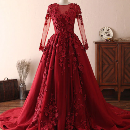 Women Princess Burgundy Prom Dress With Long..