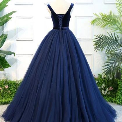 Navy Blue Women Scoop Neck Velvet Tulle Prom Dress..
