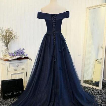Off The Shoulder Navy Women Satin Tulle Prom Dress..
