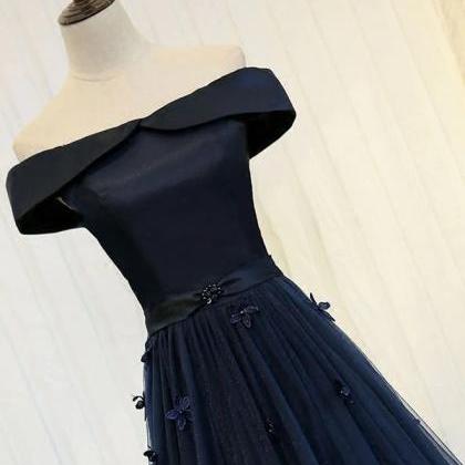 Off The Shoulder Navy Women Satin Tulle Prom Dress..