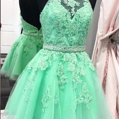 Halter Backless Light Green Lace Tulle Homecoming..