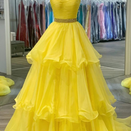 Women Yellow Prom Dress Princess Long Organza..
