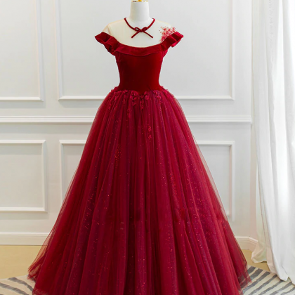 Princess Burgundy Velvet Tulle Prom Dress Long..