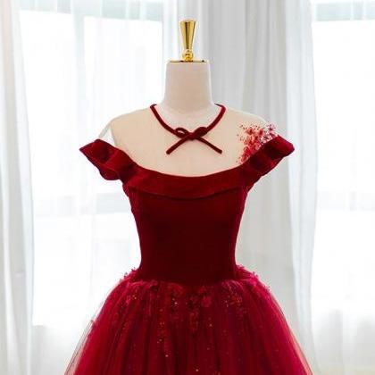 Princess Burgundy Velvet Tulle Prom Dress Long..