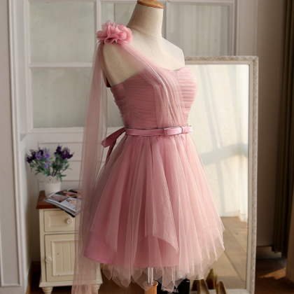 One Shoulder Tulle Dusty Pink Homecoming Dress..