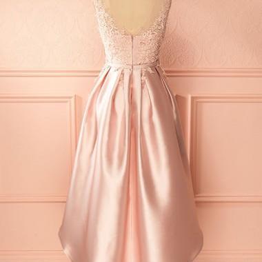 Women High Low Pink Lace Satin Homecoming Dress..