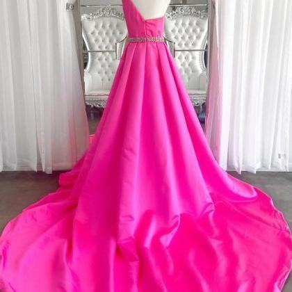 One Shoulder Princess Taffeta Pink Prom Dress Long..