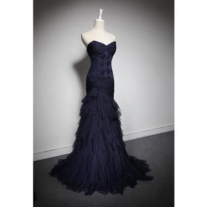 Long Mermaid Navy Tulle Prom Dress Long With..