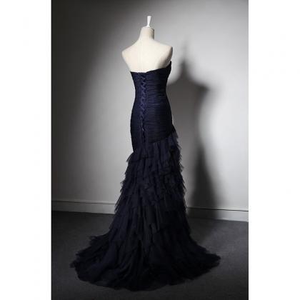 Long Mermaid Navy Tulle Prom Dress Long With..