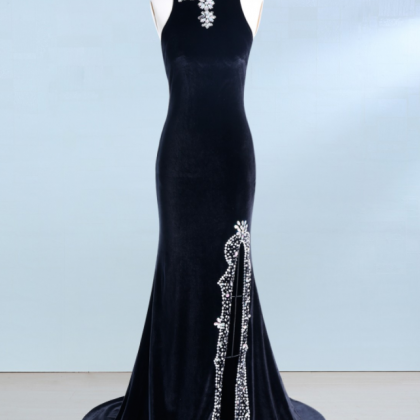 Women Elegant Long Mermaid Navy Velvet Prom Dress..