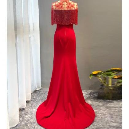 Red Lace Satin Prom Dress Long With Tassel High..