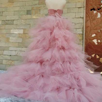 Princess Tulle Pink High Low Prom Dress Long..