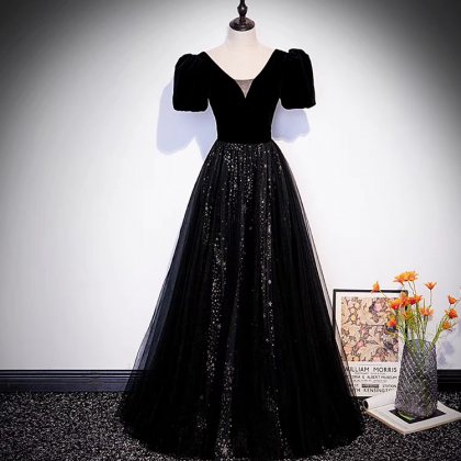 Women Elegant Black Glitter Velvet Sequins Prom..