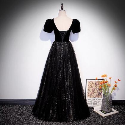 Women Elegant Black Glitter Velvet Sequins Prom..