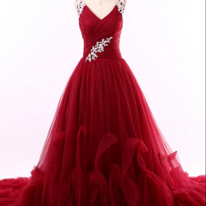 V-neck Burgundy Tulle Prom Dress Long Princess..
