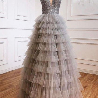 Silver Princess Tulle Sequins Glitter Prom Dress..