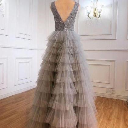 Silver Princess Tulle Sequins Glitter Prom Dress..