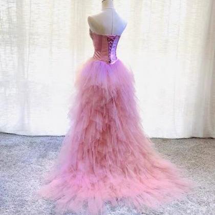 High Low Prom Dress Pink Strapless Formal Evening..