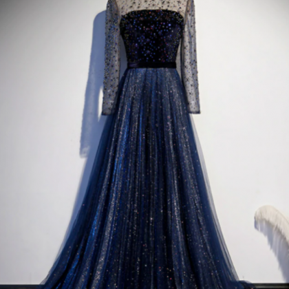 Navy Blue Prom Dres Glitter With Long Sleeves..