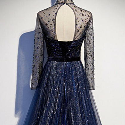 Navy Blue Prom Dres Glitter With Long Sleeves..