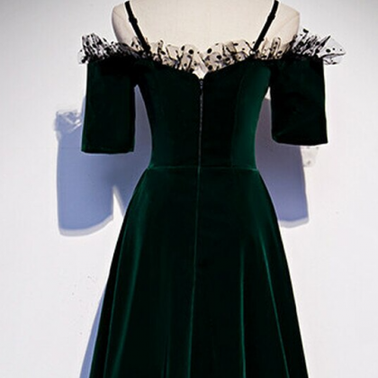 Dark Green Velvet Prom Formal Evening Dress..