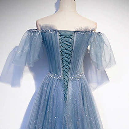 Women Dusty Blue Tulle Prom Dress Glitter Long..