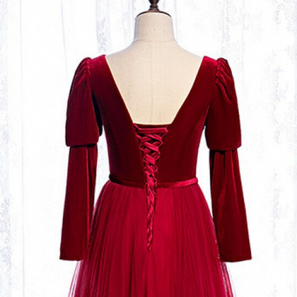 Women Vintage Wine Red Prom Dress Elegant Long..