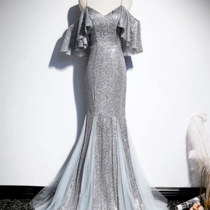 Silver Glitter Sequins Mermaid Prom Dress Elegant..