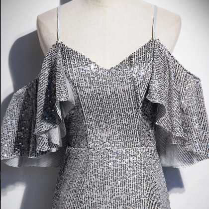 Silver Glitter Sequins Mermaid Prom Dress Elegant..