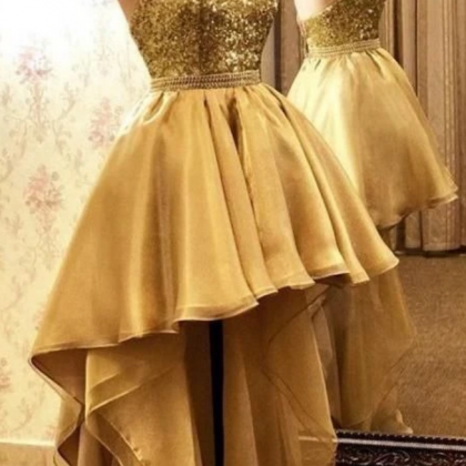 Gold High Low Halter Sequins Prom Dress Elegant..