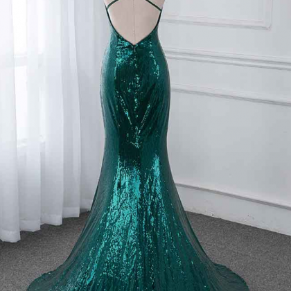 Glitter Dark Green Mermaid Sequins Prom Gown..