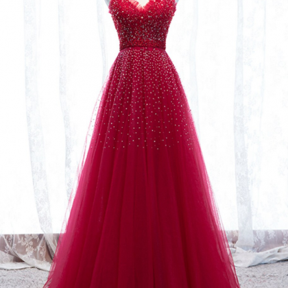 Red Beaded Tulle Prom Dress Princess Elegant..