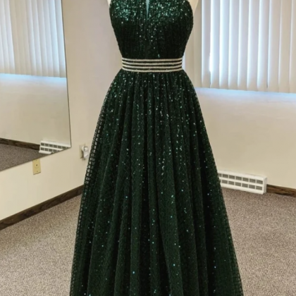 Glitter Dark Green Halter Prom Dress Elegant..