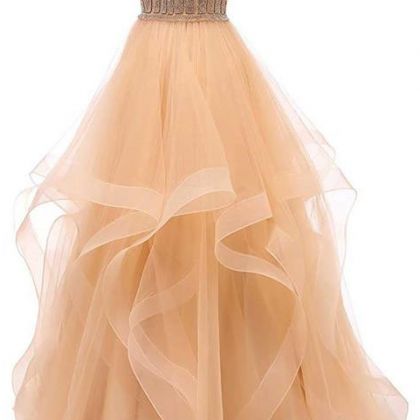 Champagne Princess Tulle Prom Dress Elegant..