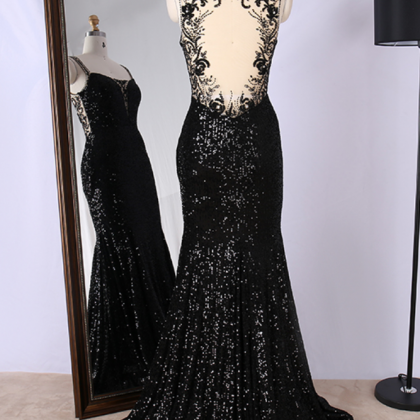 Glitter Black Sequins Prom Dress Elegant Formal..